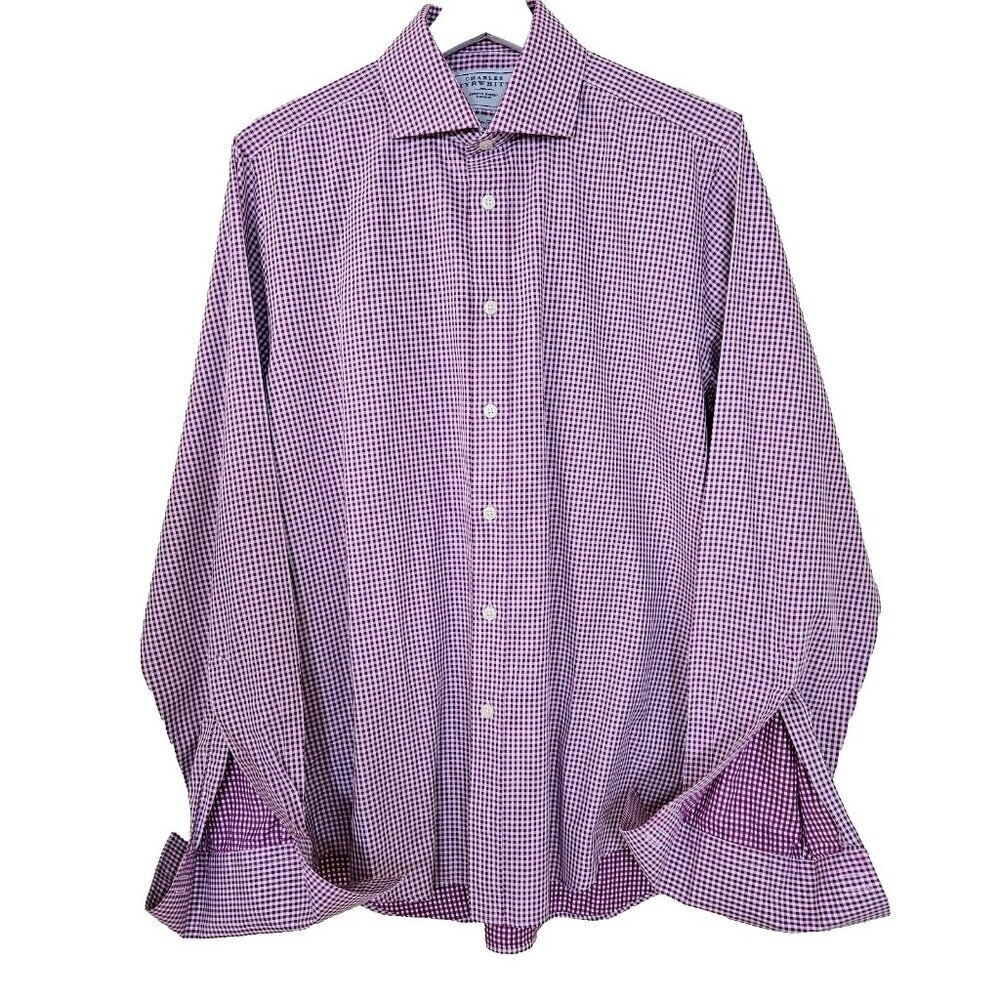 Charles Tyrwhitt Shirt Mens 15.5 M Slim Fit French Cuff Plaid LS Buttons Dressy